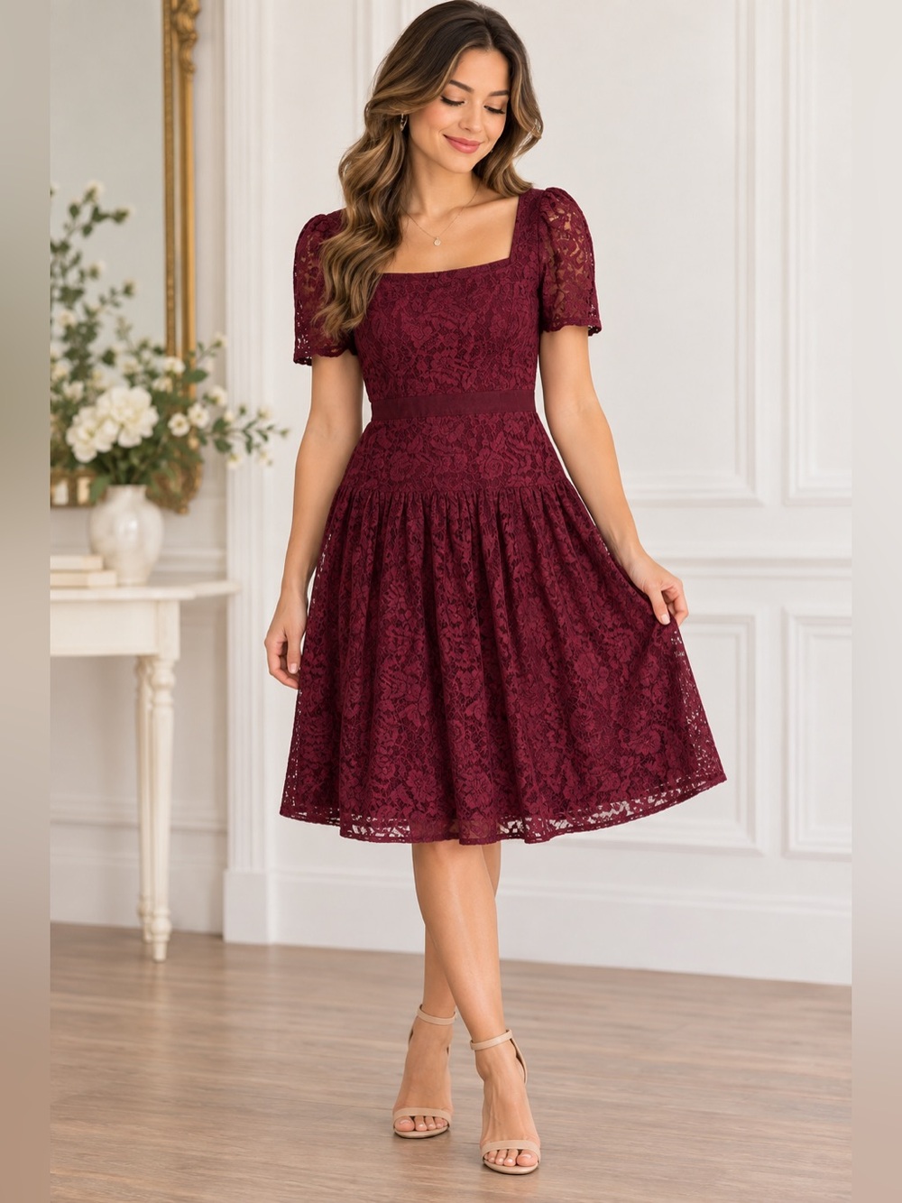 JessaKae Burgundy Lace Dress Size Small Fit & Flare Square Neck